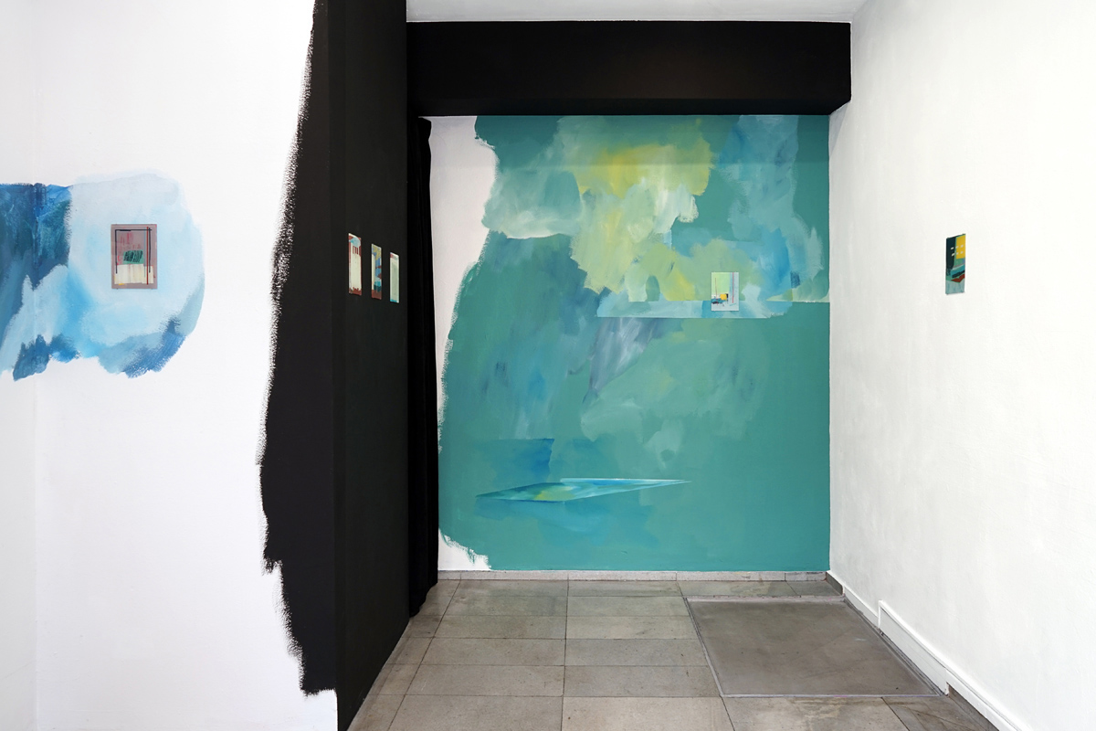 Exhibition view, painting on glass and wall painting by Johannes Mundinger at Deepo Gallery, Sofia, Bulgaria